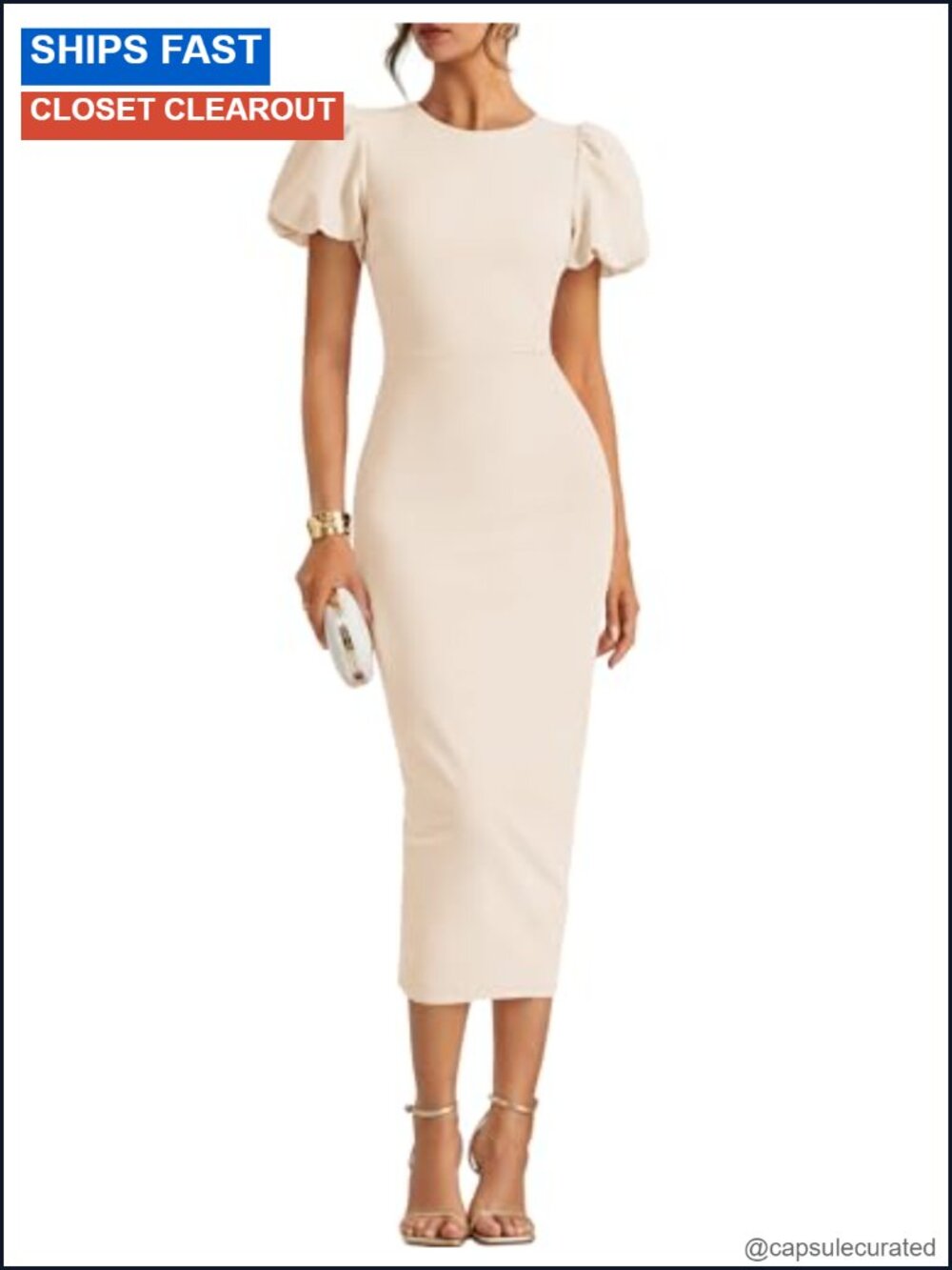 Women's Summer Short Sleeve Bodycon Midi Formal Dress Puff Sleeve